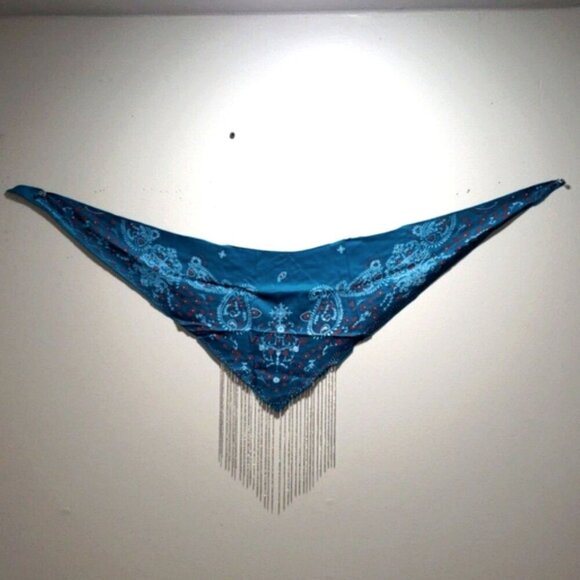 Teal Bandana with Silver tone Fringe Chain Design - Women's Fashion Accessory - Picture 3 of 7